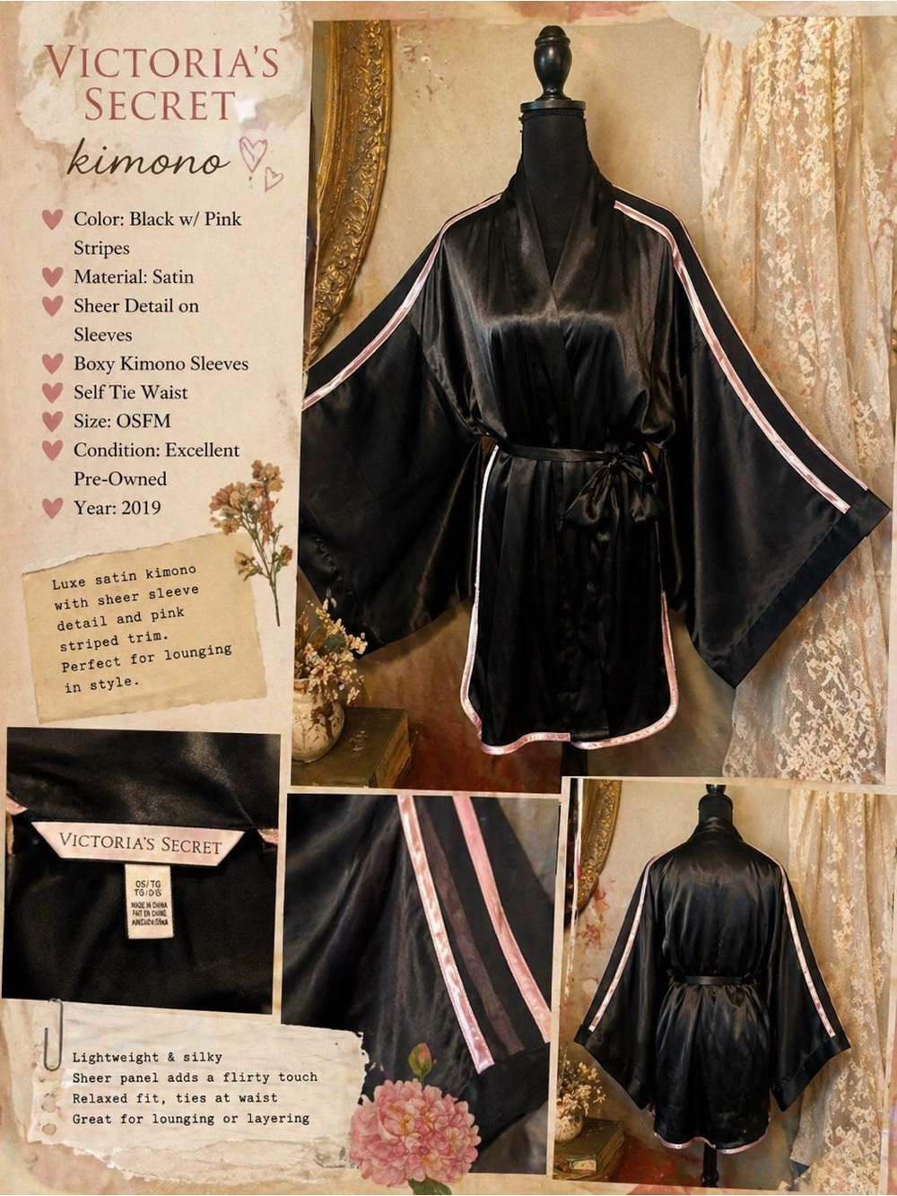Victoria's Secret Black Satin Kimono Robe with Pink Stripes
